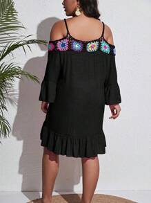 SHEIN Swim Curve Summer Beach Plus Crochet Detail Ruffle Hem Cover Up - Black - View 2