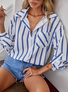 SHEIN Essnce Áo sơ mi nữ Túi Nút phía trước Sọc Giải trí - Xanh và trắng - Xem 1