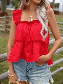 SHEIN VCAY 荷葉邊花邊下擺上衣 - 酒紅色 - 查看 6