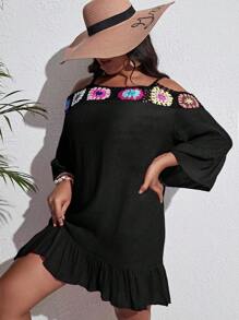 SHEIN Swim Curve Summer Beach Plus Crochet Detail Ruffle Hem Cover Up - Black - View 3