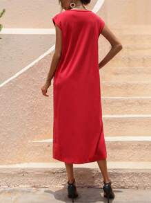 SHEIN LUNE Solid V Neck Tee Dress - Red - View 2