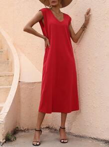 SHEIN LUNE Solid V Neck Tee Dress - Red - View 5