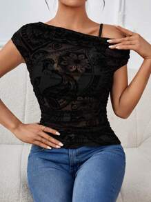 SHEIN Privé Floral Print Asymmetrical Neck Ruched Side Mesh Top Without Bra - Black - View 4