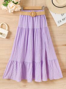 SHEIN 女孩素色荷葉邊半身裙 - 紫色 - 查看 1