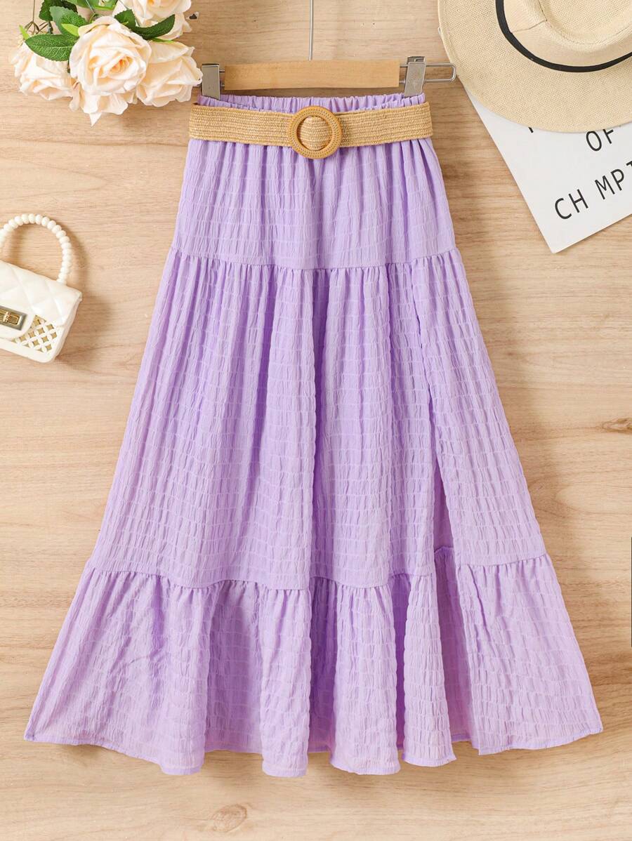 SHEIN 女孩素色荷葉邊半身裙 - 紫色 - 查看 1