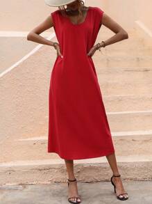 SHEIN LUNE Solid V Neck Tee Dress - Red - View 6