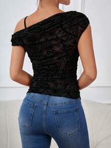 SHEIN Privé Floral Print Asymmetrical Neck Ruched Side Mesh Top Without Bra - Black - View 2