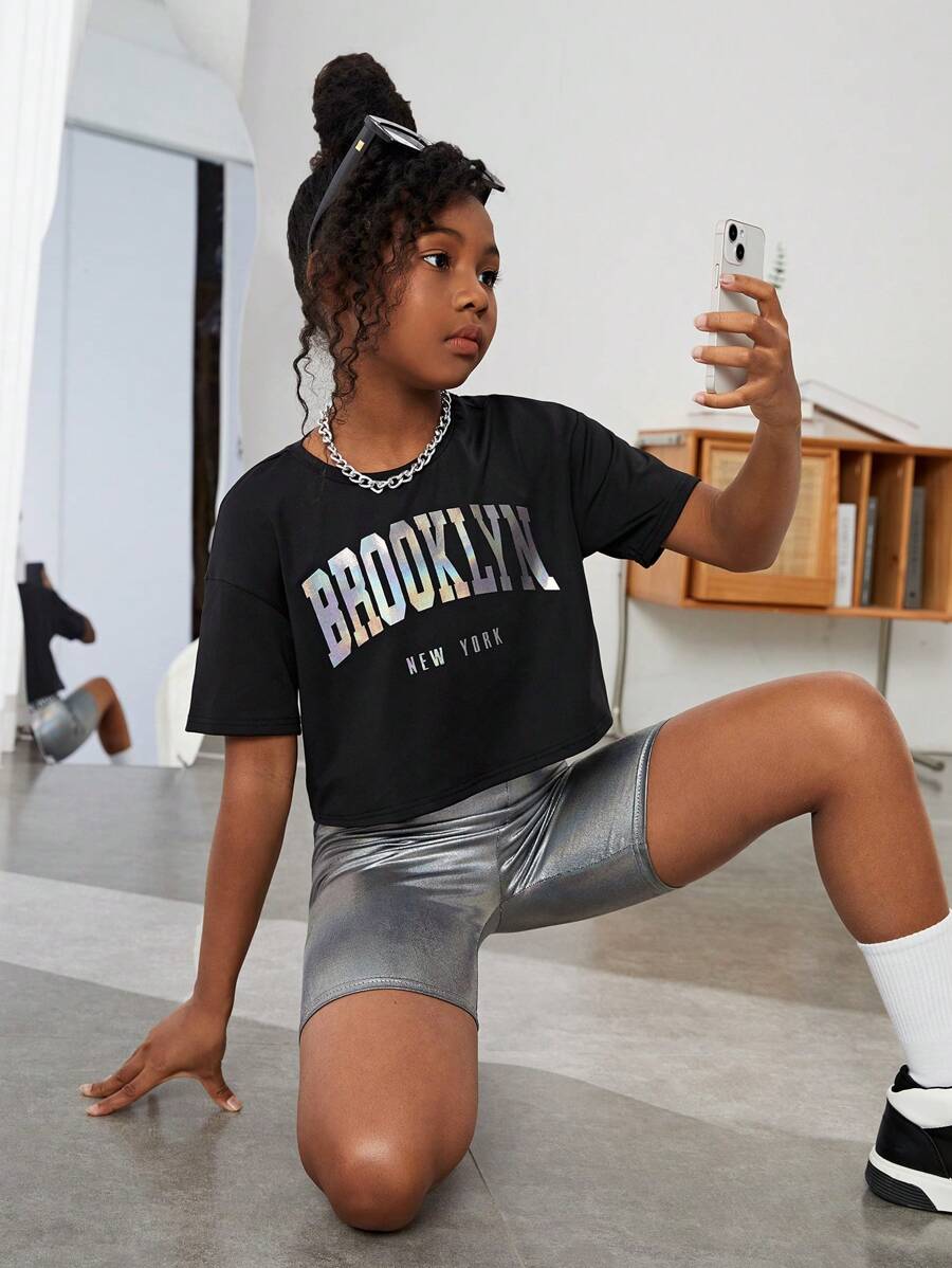 SHEIN Girls Letter Graphic Drop Shoulder Tee & Cycling Shorts - Multicolor - View 1