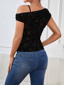 SHEIN Privé Floral Print Asymmetrical Neck Ruched Side Mesh Top Without Bra - Black - View 6