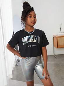 SHEIN Girls Letter Graphic Drop Shoulder Tee & Cycling Shorts - Multicolor - View 3