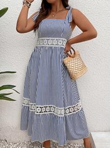 SHEIN Clasi Đầm maxi buộc vai bằng ren guipure kẻ sọc tương phản dành cho nữ - Xanh và trắng - Xem 1