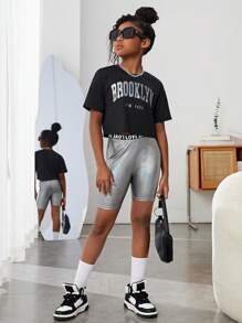 SHEIN Girls Letter Graphic Drop Shoulder Tee & Cycling Shorts - Multicolor - View 4