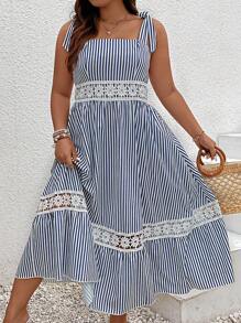 SHEIN Clasi Đầm maxi buộc vai bằng ren guipure kẻ sọc tương phản dành cho nữ - Xanh và trắng - Xem 4