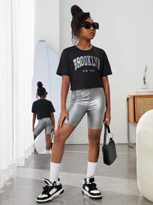 SHEIN Girls Letter Graphic Drop Shoulder Tee & Cycling Shorts - Multicolor - View 6