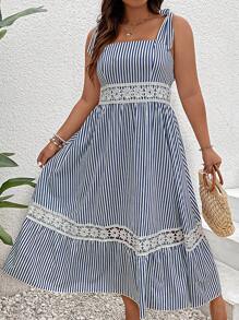 SHEIN Clasi Đầm maxi buộc vai bằng ren guipure kẻ sọc tương phản dành cho nữ - Xanh và trắng - Xem 5