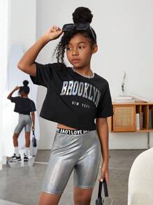 SHEIN Girls Letter Graphic Drop Shoulder Tee & Cycling Shorts - Multicolor - View 7