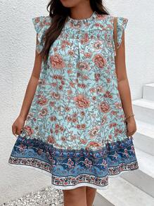 Breezaya Plus Floral Print Ruffle Trim Smock Dress - Multicolor - View 5