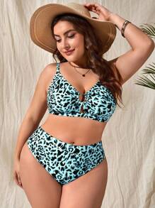 Plus Size Leopard Print Bikini Set Summer Beach - Mint Blue - View 3