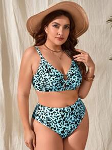 Plus Size Leopard Print Bikini Set Summer Beach - Mint Blue - View 4