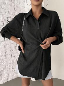 DAZY Camisa de mujer de manga larga con botones y hombros caídos - Negro - Ver 1