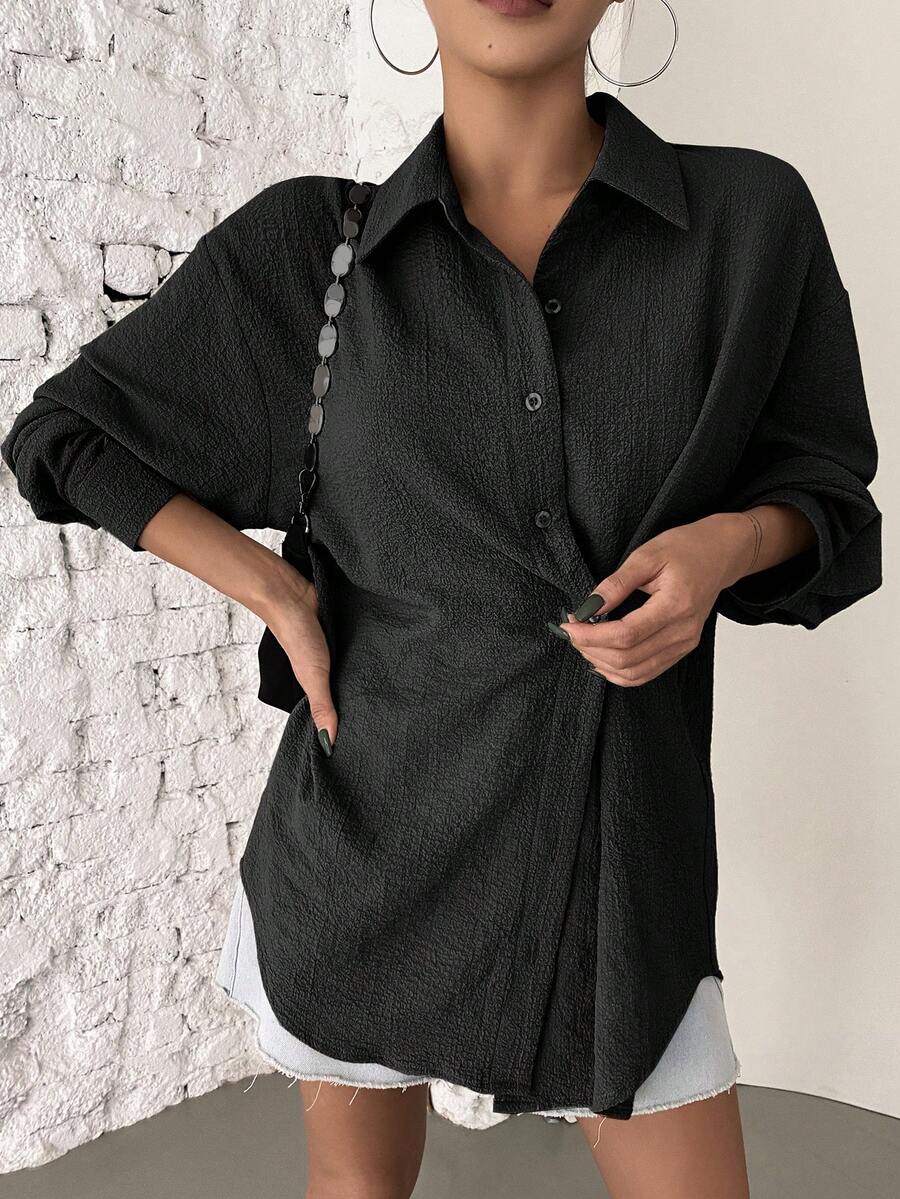 DAZY Camisa de mujer de manga larga con botones y hombros caídos - Negro - Ver 1