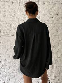 DAZY Camisa de mujer de manga larga con botones y hombros caídos - Negro - Ver 2