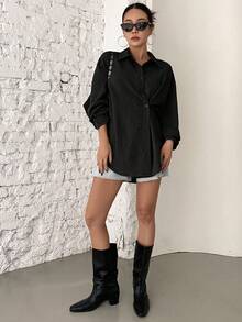 DAZY Camisa de mujer de manga larga con botones y hombros caídos - Negro - Ver 3