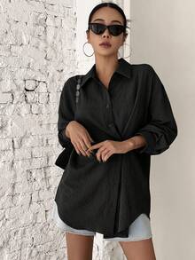 DAZY Camisa de mujer de manga larga con botones y hombros caídos - Negro - Ver 4