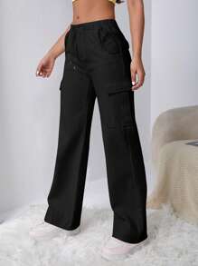 SHEINBlues Flap Pocket Side Drawstring Waist Cargo Jeans - Black - View 2