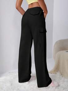 SHEINBlues Flap Pocket Side Drawstring Waist Cargo Jeans - Black - View 5