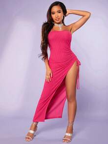SHEIN SXY Drawstring Split Thigh Tube Dress - Hot Pink - View 3