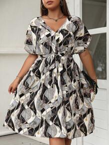 SHEIN LUNE Plus Chain Print Batwing Sleeve Belted Dress - Multicolor - View 2