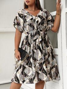 SHEIN LUNE Plus Chain Print Batwing Sleeve Belted Dress - Multicolor - View 4