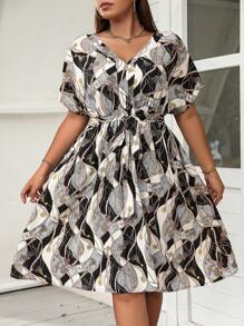 SHEIN LUNE Plus Chain Print Batwing Sleeve Belted Dress - Multicolor - View 1