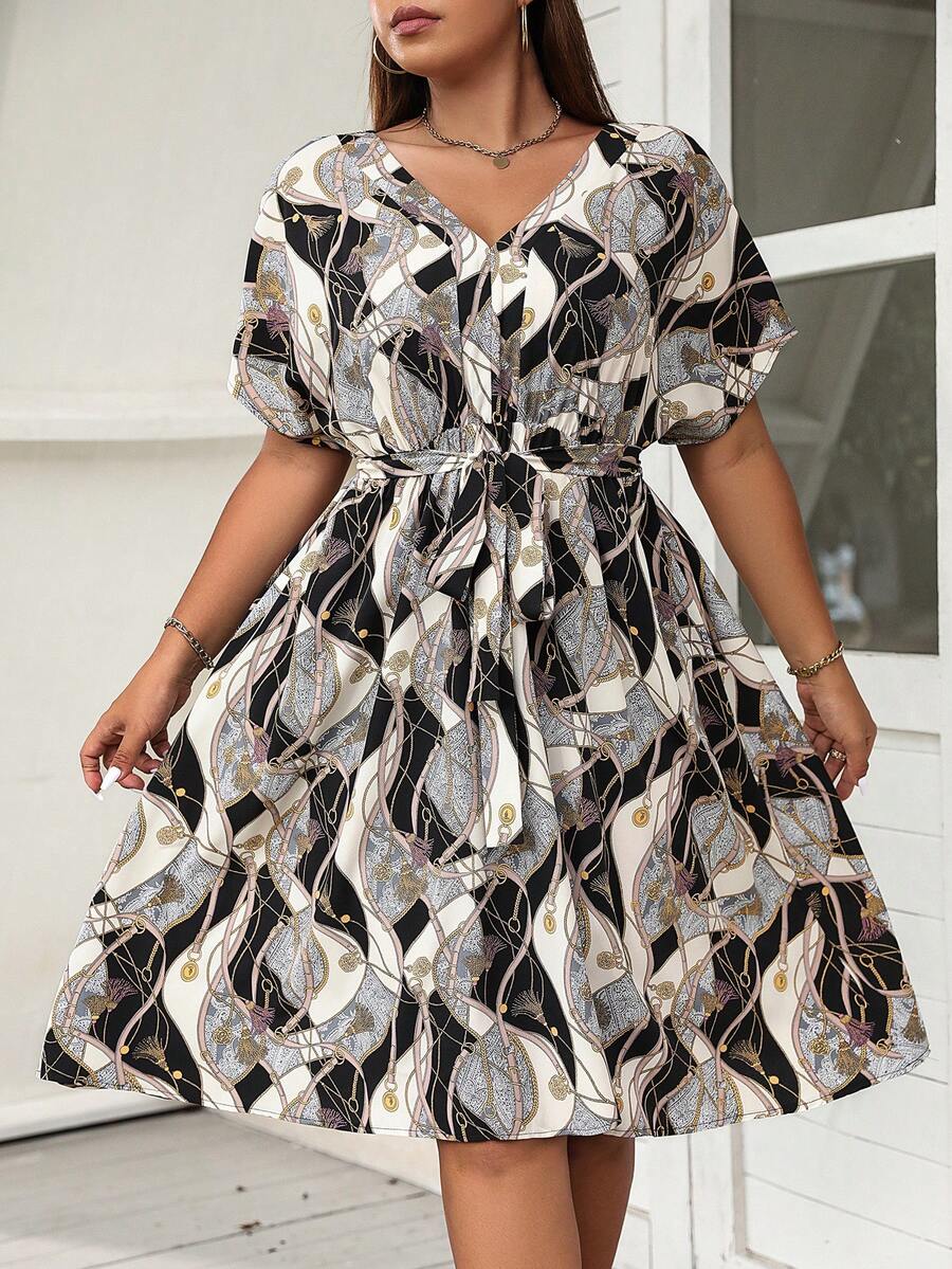 SHEIN LUNE Plus Chain Print Batwing Sleeve Belted Dress - Multicolor - View 1
