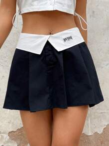 SHEIN ICON Letter Patched Fold Pleated Detail Skirt - Black - View 3