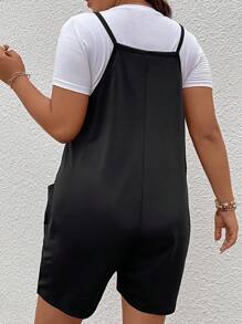 SHEIN LUNE Mono suelto de unicolor informal con tirantes para mujeres de talla grande - Negro - Ver 2