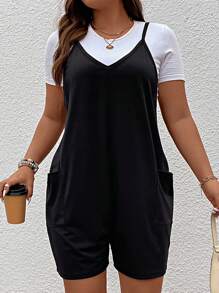 SHEIN LUNE Mono suelto de unicolor informal con tirantes para mujeres de talla grande - Negro - Ver 3