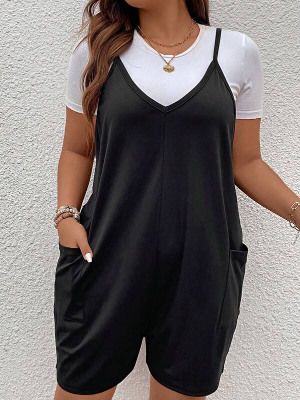 SHEIN LUNE Plus Solid Dual Pocket Cami Romper Without Tee SHEIN USA
