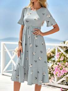SHEIN LUNE Vestido con estampado floral de manga con volante bajo con fruncido - Celeste - Ver 1