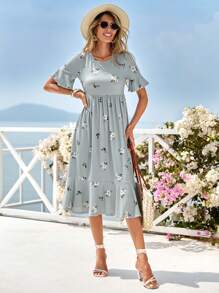 SHEIN LUNE Vestido con estampado floral de manga con volante bajo con fruncido - Celeste - Ver 6