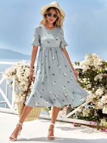 SHEIN LUNE Vestido con estampado floral de manga con volante bajo con fruncido - Celeste - Ver 3