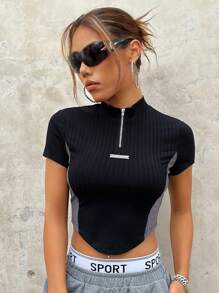 SHEIN ICON Bikercore字母貼布撞色半拉鏈短款T恤 - 黑色 - 查看 3