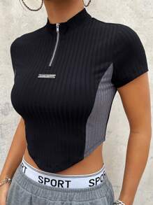 SHEIN ICON Bikercore字母貼布撞色半拉鏈短款T恤 - 黑色 - 查看 4