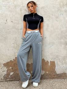 SHEIN ICON Bikercore字母貼布撞色半拉鏈短款T恤 - 黑色 - 查看 6