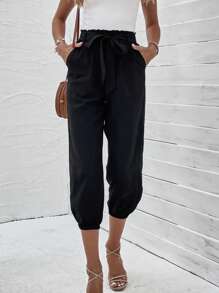 SHEIN LUNE 紙袋腰腰帶七分褲 - 黑色 - 查看 1