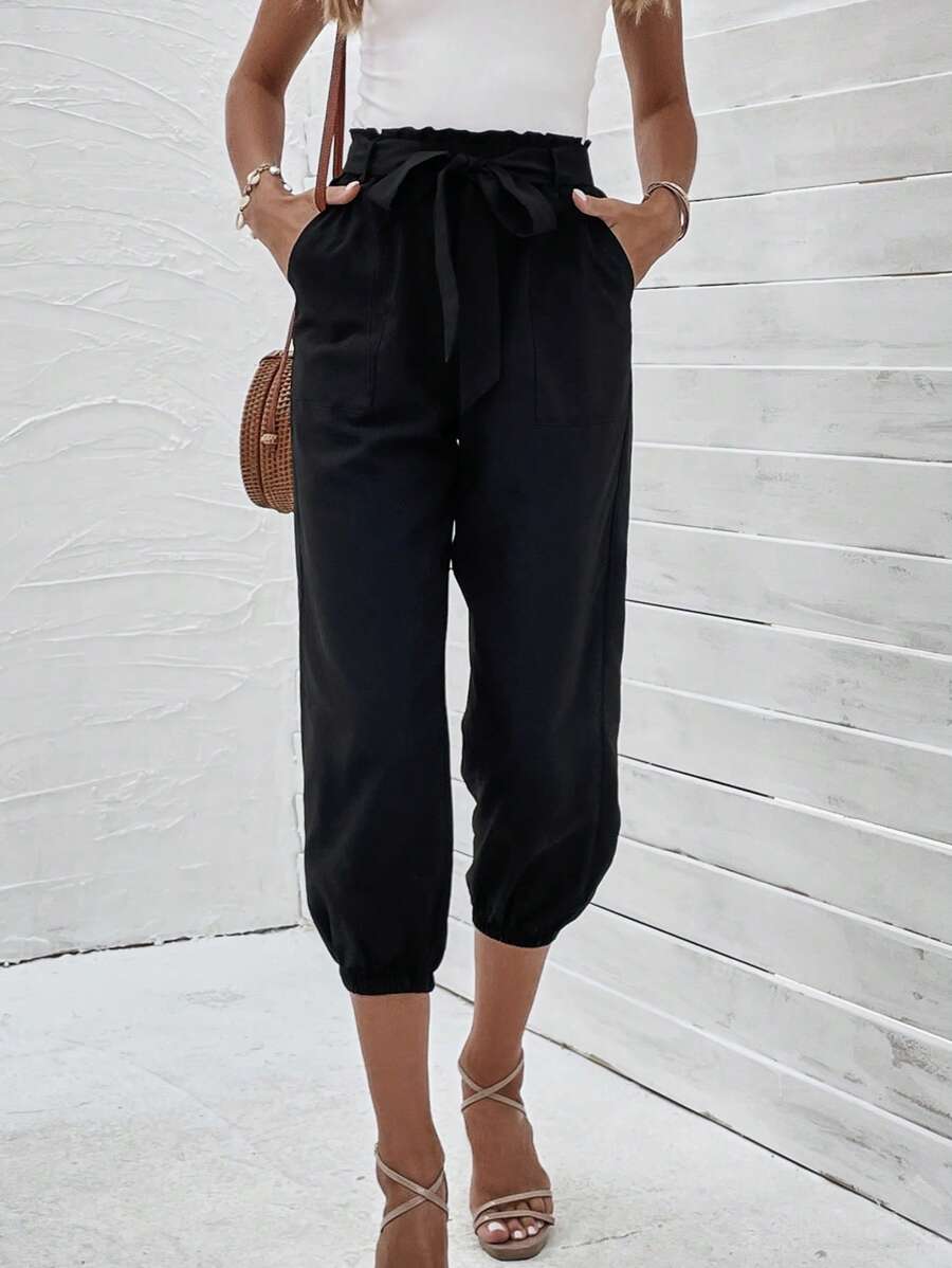 SHEIN LUNE 紙袋腰腰帶七分褲 - 黑色 - 查看 1