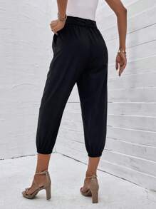 SHEIN LUNE 紙袋腰腰帶七分褲 - 黑色 - 查看 2