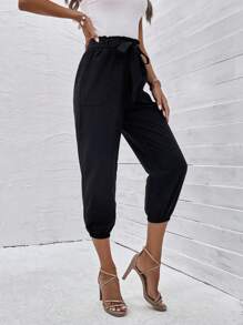 SHEIN LUNE 紙袋腰腰帶七分褲 - 黑色 - 查看 3