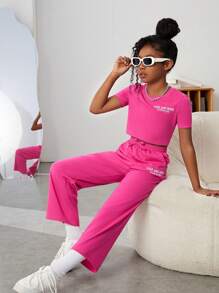 SHEIN 少女针织运动短款字母印花上衣搭配字母印花宽松口袋裤两件套 - 粉色 - 查看 2